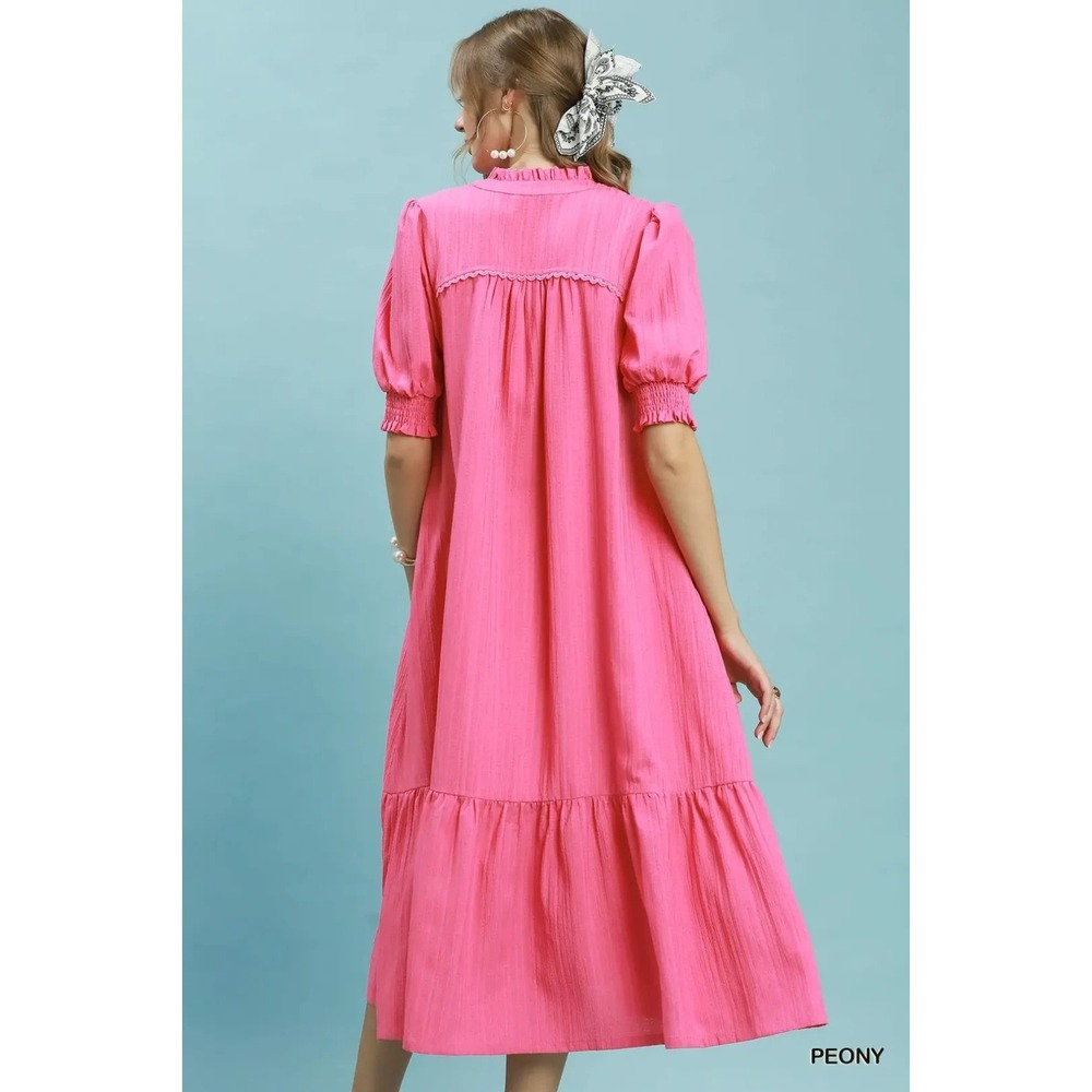 Umgee Textured Puff Sleeve Midi Dress - Peony - Small - Picture 3 of 5